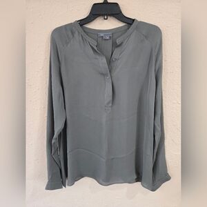 Vince Silk Half Button Down Blouse, Long Sleeve, Gray, Size Large